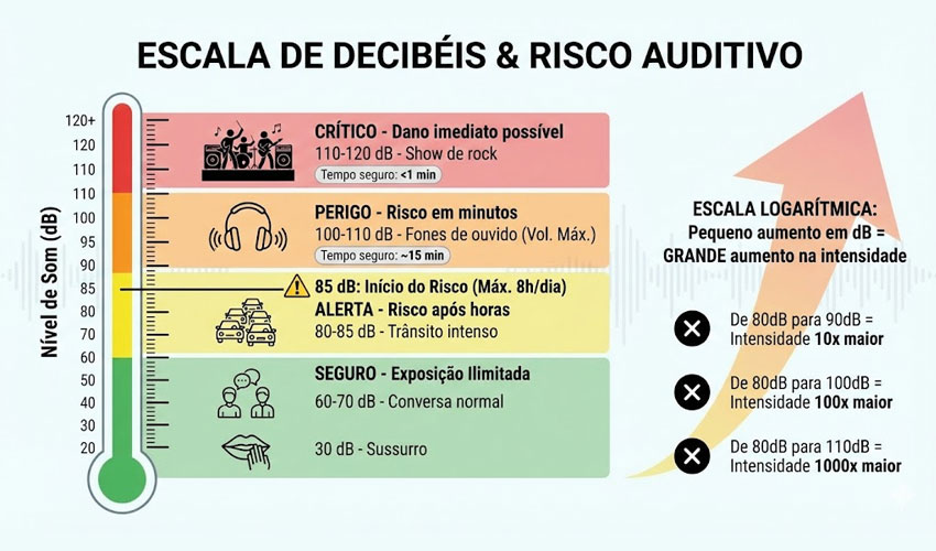 risco auditivo na escala de decibeis