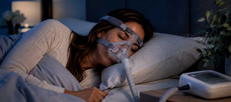 mulher usnado CPAP para controlar ronco